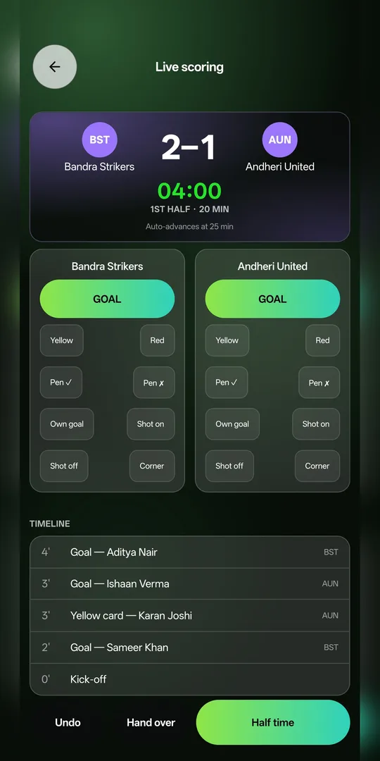 Live scoring screen showing a 2-1 match with goal, card and corner buttons and a timeline