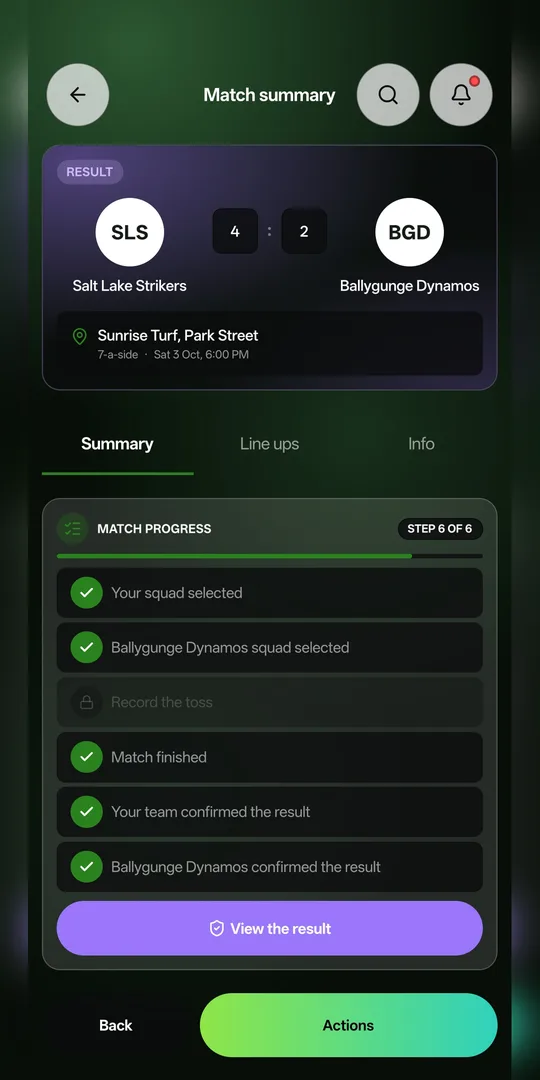 Match summary with a step-by-step progress checklist